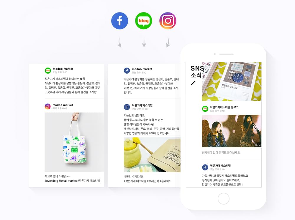 운영 중인 블로그, 페이스북, 인스타그램을 모바일 홈에 연동하여 한번에 소개할 수 있어요.